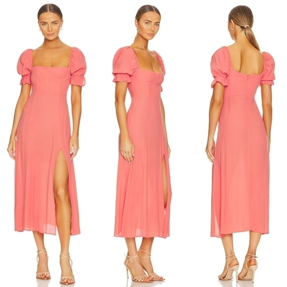 New WeWoreWhat Puff Sleeve Coral Midi Dress Size 4 US